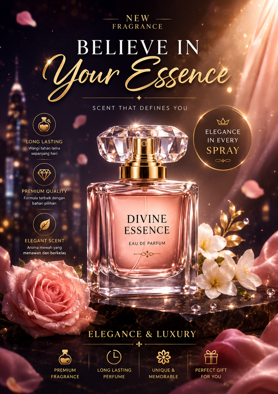 Poster promosi parfum premium dengan botol parfum kaca kristal berwarna pink, pencahayaan mewah, bunga mawar, dan dekorasi elegan hasil AI.